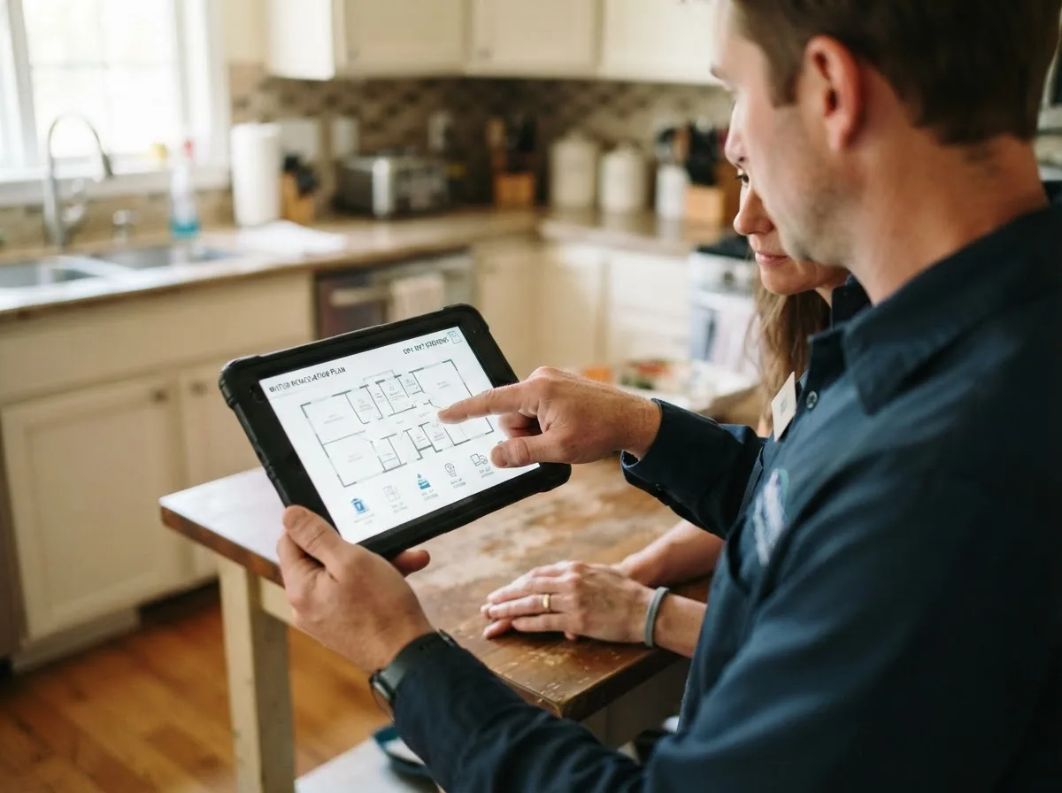 Water damage restoration technician inspecting a home in Oberlin, OH